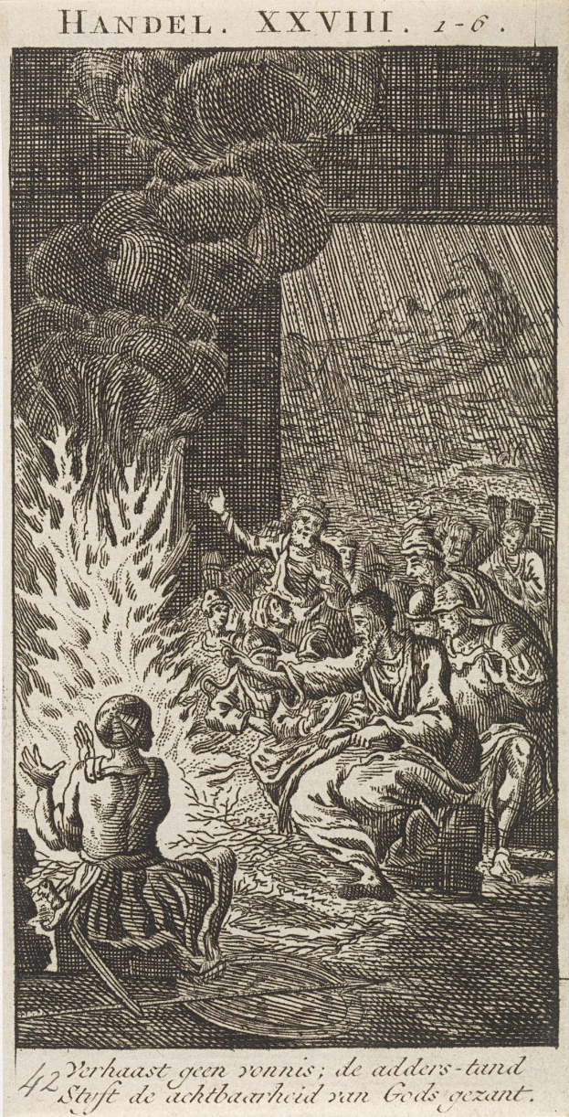 Schwarze und weiße Gravur einer Gruppe von besorgten Menschen, die sich um ein helles Feuer versammeln, mit einigen, die ängstlich nach oben und andere ehrfürchtig nach unten schauen, eingerahmt von Text oben und unten.