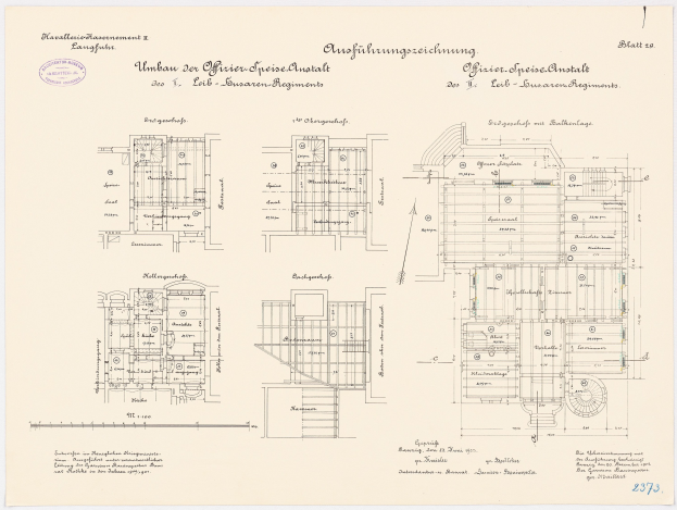 Ein detaillierter architektonischer Grundrissplan des ehemaligen Büro des deutschen Bundeskanzlers, der den Gebäudelayout mit Text und Zeichnungen zeigt.