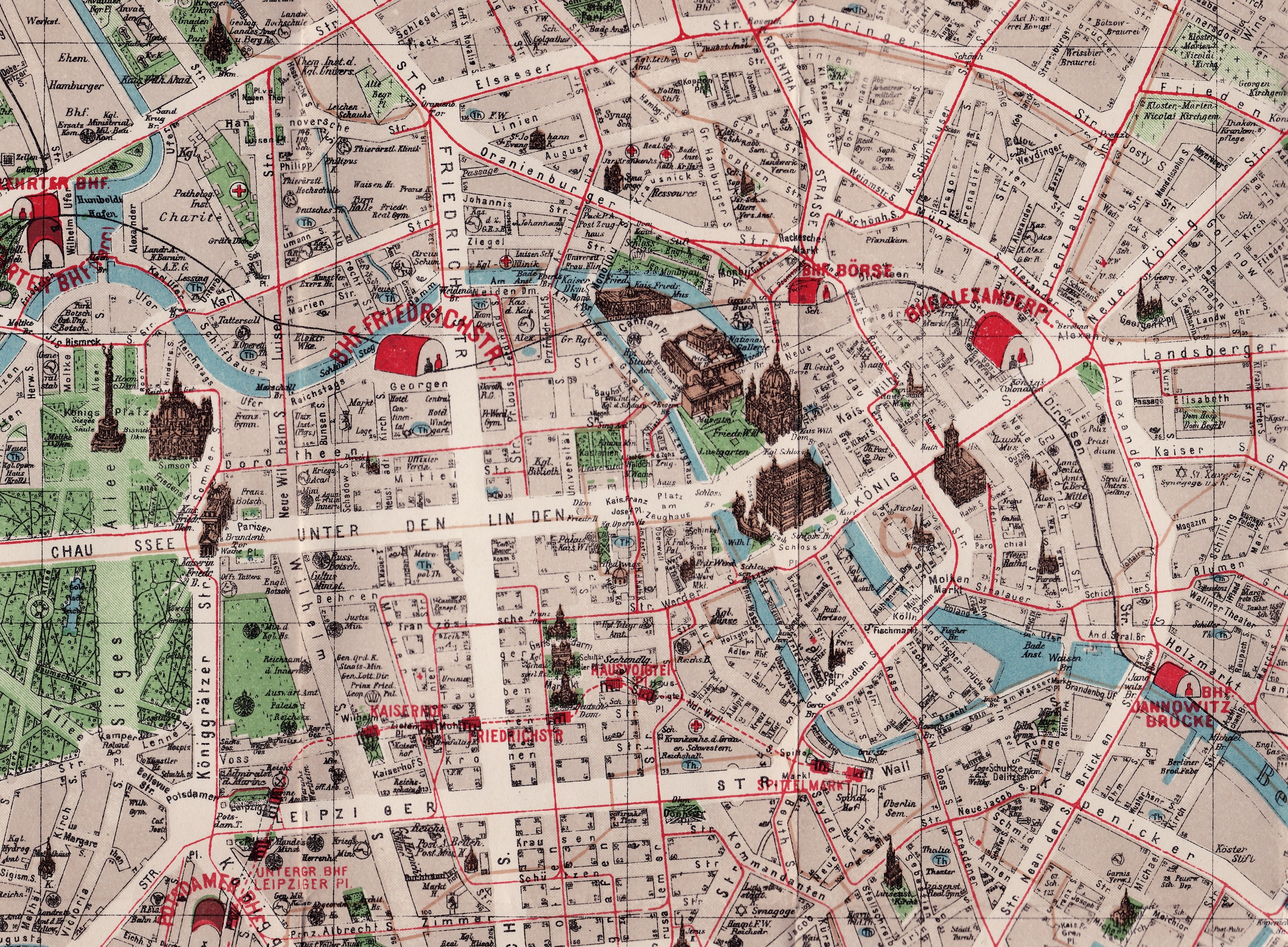 Alte detaillierte Karte von Berlin, Deutschland, die Straßen, Parks, Gebäude, Bäume und Sehenswürdigkeiten mit Textanmerkungen zeigt.