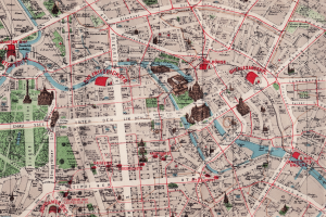 Alte detaillierte Karte von Berlin, Deutschland, die Straßen, Parks, Gebäude, Bäume und Sehenswürdigkeiten mit Textanmerkungen zeigt.