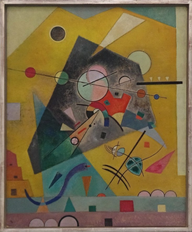 Gemälde von Wassily Kandinsky in einem klassischen Rahmen, an einer Wand angezeigt.