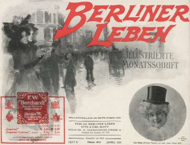 Eine Vintage-Reklame für das Berliner Leben Theater, die eine Frau im Zylinder und einen Mann im Anzug zeigt, mit Text, einem Stempel und einigen Menschen und Gebäuden im Hintergrund.