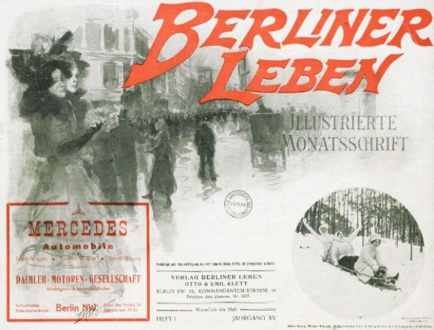 Anzeige für ein Mercedes-Benz-Auto in Berlin, Deutschland, mit Menschen, Bäumen, Gebäuden, Text und einem Stempel.
