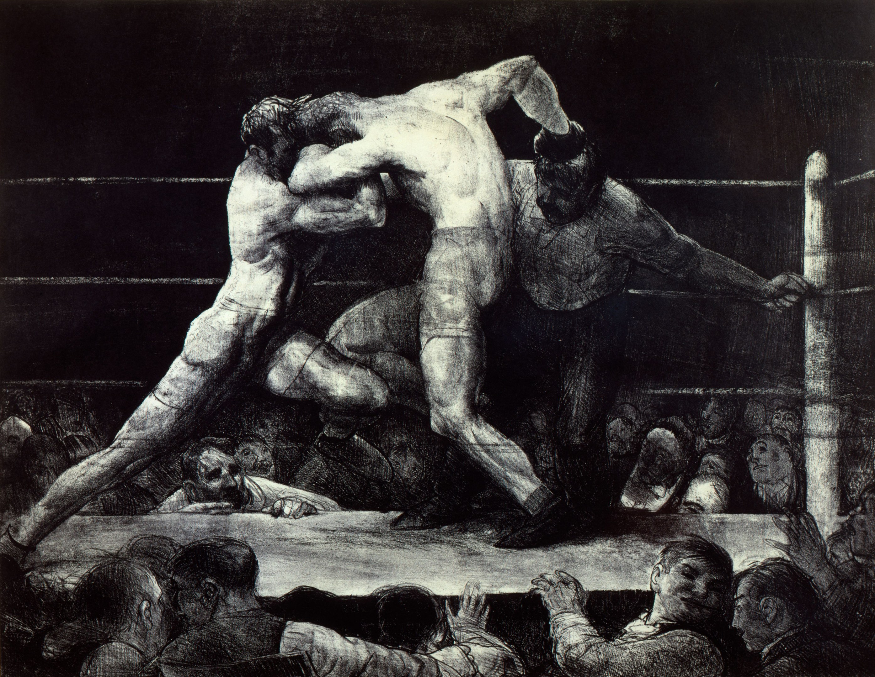 Schwarz-weiß-Zeichnung von zwei Boxern in einem Ring, die sich gegenseitig mit Faustschlägen traktieren, während eine jubelnde Menge zusieht.