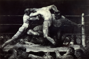 Schwarz-weiß-Zeichnung von zwei Boxern in einem Ring, die sich gegenseitig mit Faustschlägen traktieren, während eine jubelnde Menge zusieht.