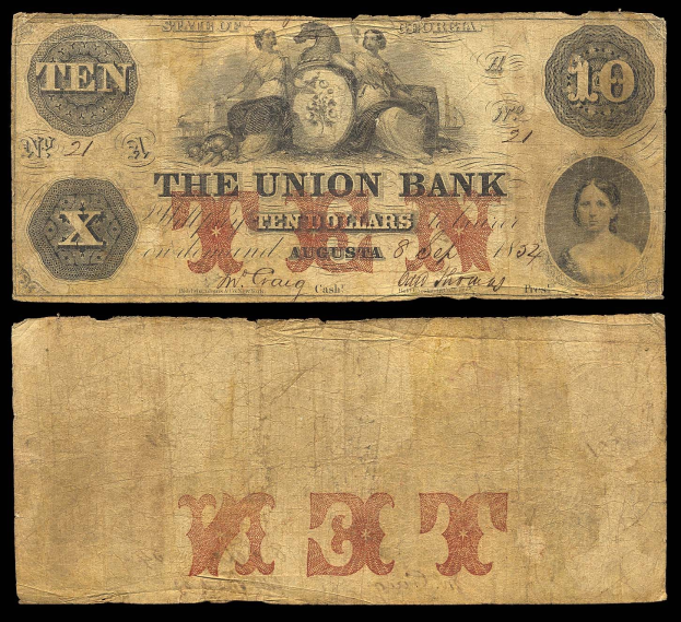 Alte Zehn-Dollar-Note der Union Bank aus dem Jahr 1862 mit einem Porträt einer Frau auf schwarzem Hintergrund.