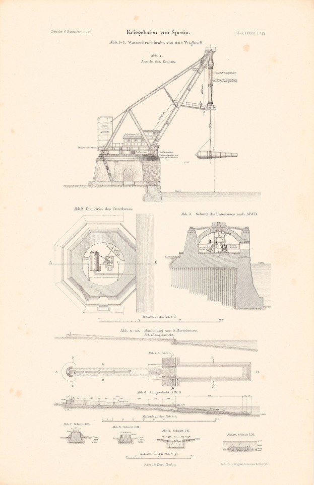 Detailierte Zeichnung eines Krans mit ausgefahrenem Arm und geneigtem Kopf auf Papier, begleitet von beschreibendem Text.