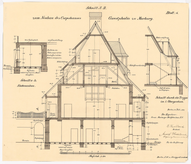 Schwarze und weiße Architekturdarstellung eines Hauses mit zahlreichen Fenstern und einem Dach, beschriftet als erstes Haus in Deutschland, begleitet von detaillierten Bauplänen und Text.
