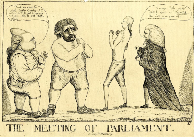 Ein Bleistiftbild mit dem Titel "Die Parlamentssitzung" zeigt drei Personen, die diskutieren, wobei eine Person energisch gestikuliert.