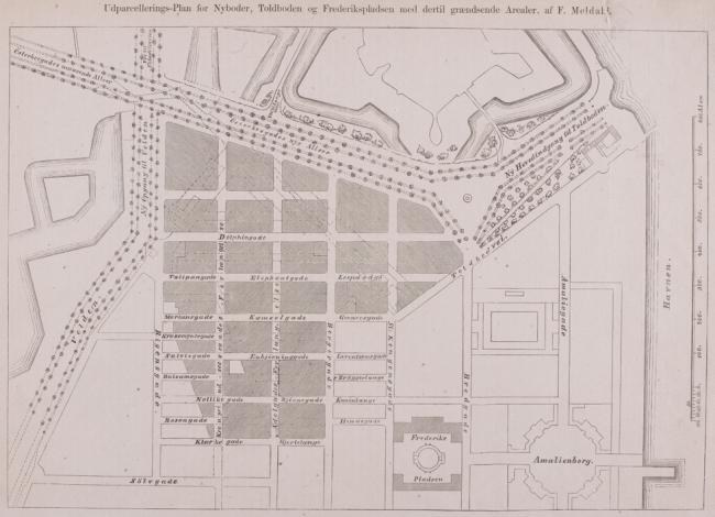 Alte Karte von Amsterdam, Niederlande, mit Plänen für Nybolder, Toldbolder und Frederikkepladen sowie handschriftlichen Textanmerkungen.