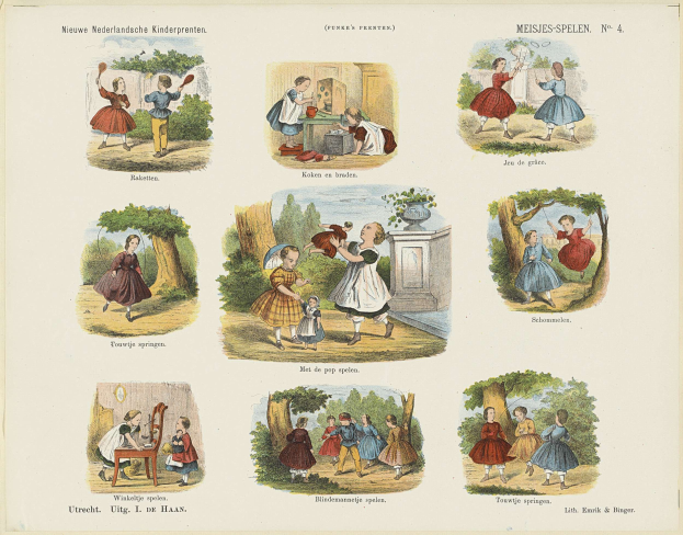 Ein Kinderbuch mit Illustrationen von Kindern, die im Park spielen, umgeben von Baeumen und Gegenstaenden, mit begleitendem Text.