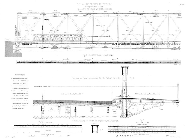 Detailierte Linienzeichnung einer Brücke mit architektonischen Elementen, die als 'Kaiserbrücke in Bremen' bezeichnet sind, begleitet von erklärendem Text auf demselben Blatt.