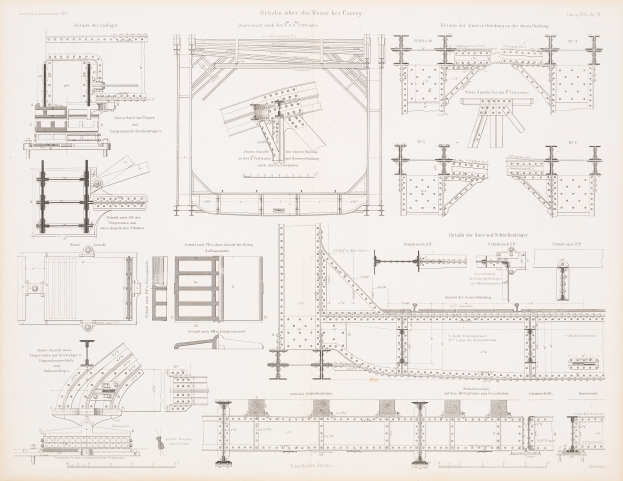 Ein detailliertes Bild einer Eisenbahnbrücke in einem Buch, das ihre Bögen, Träger und andere konstruktive Merkmale zeigt, mit begleitendem Text, der ihren Aufbau beschreibt.