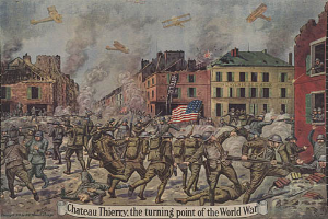 Ein Plakat, das eine chaotische Szene von Menschen mit Waffen und einer Fahne zeigt, mit Geb├Ąuden im Hintergrund und Flugzeugen am Himmel, mit Text unten, der 'Ch├Ąteau Thierry, die Wende des Ersten Weltkriegs' lautet.