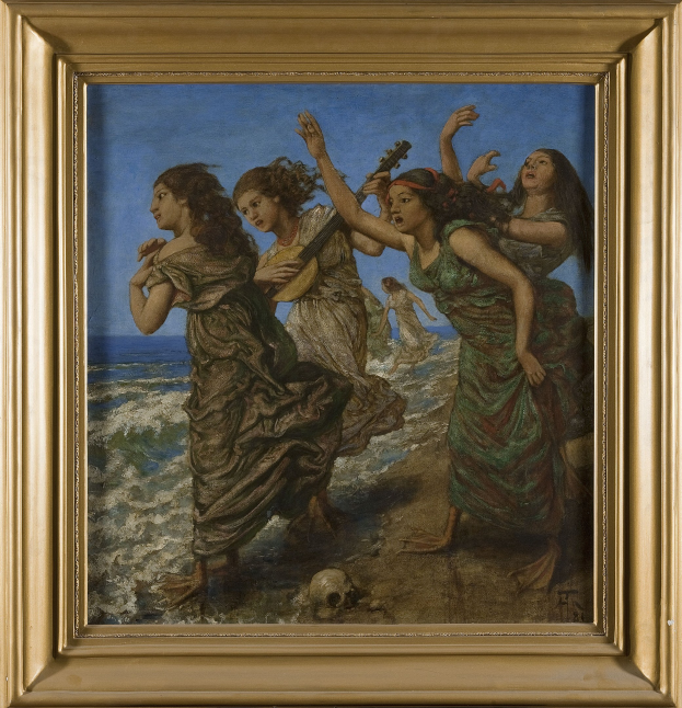 Bild eines Frauen auf dem Strand, eine hält ein Musikinstrument, gerahmt in einem klassischen Photo-Rahmen.