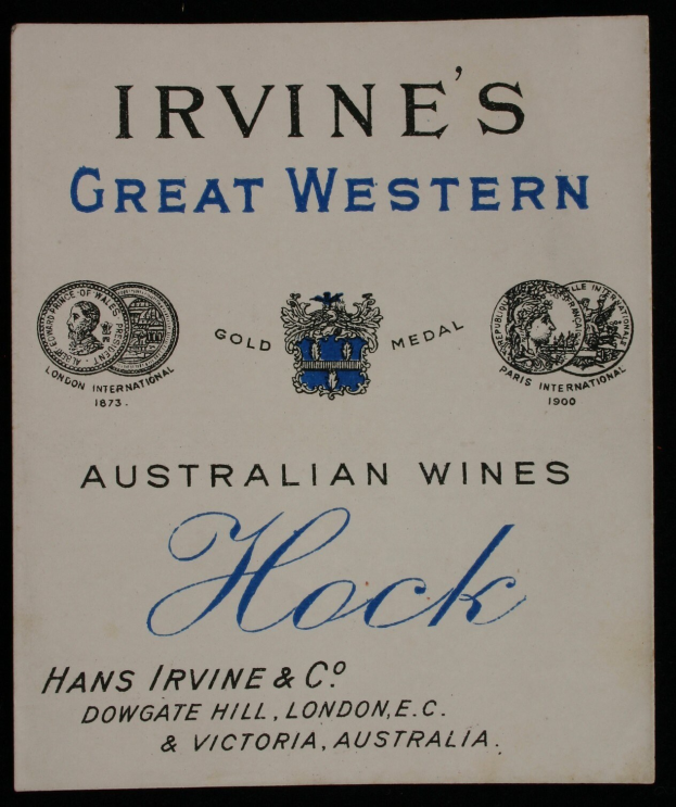 Plakat, das Irvines Great Western Australian Wines bewirbt, mit Unternehmenslogos und Text, der die Weinarten auflistet.
