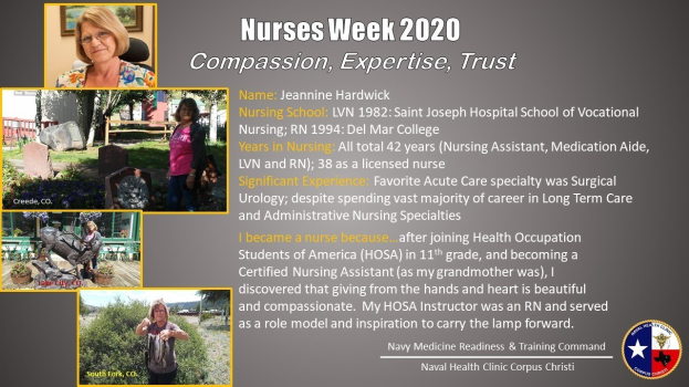 Plakat zur Nurses Week 2020 mit dem Motto "Mitgefühl, Expertise, Vertrauen", das mehrere Nurse-Motive und eine klare blaue und weiße Schrift auf einem beruhigenden Hintergrund zeigt.