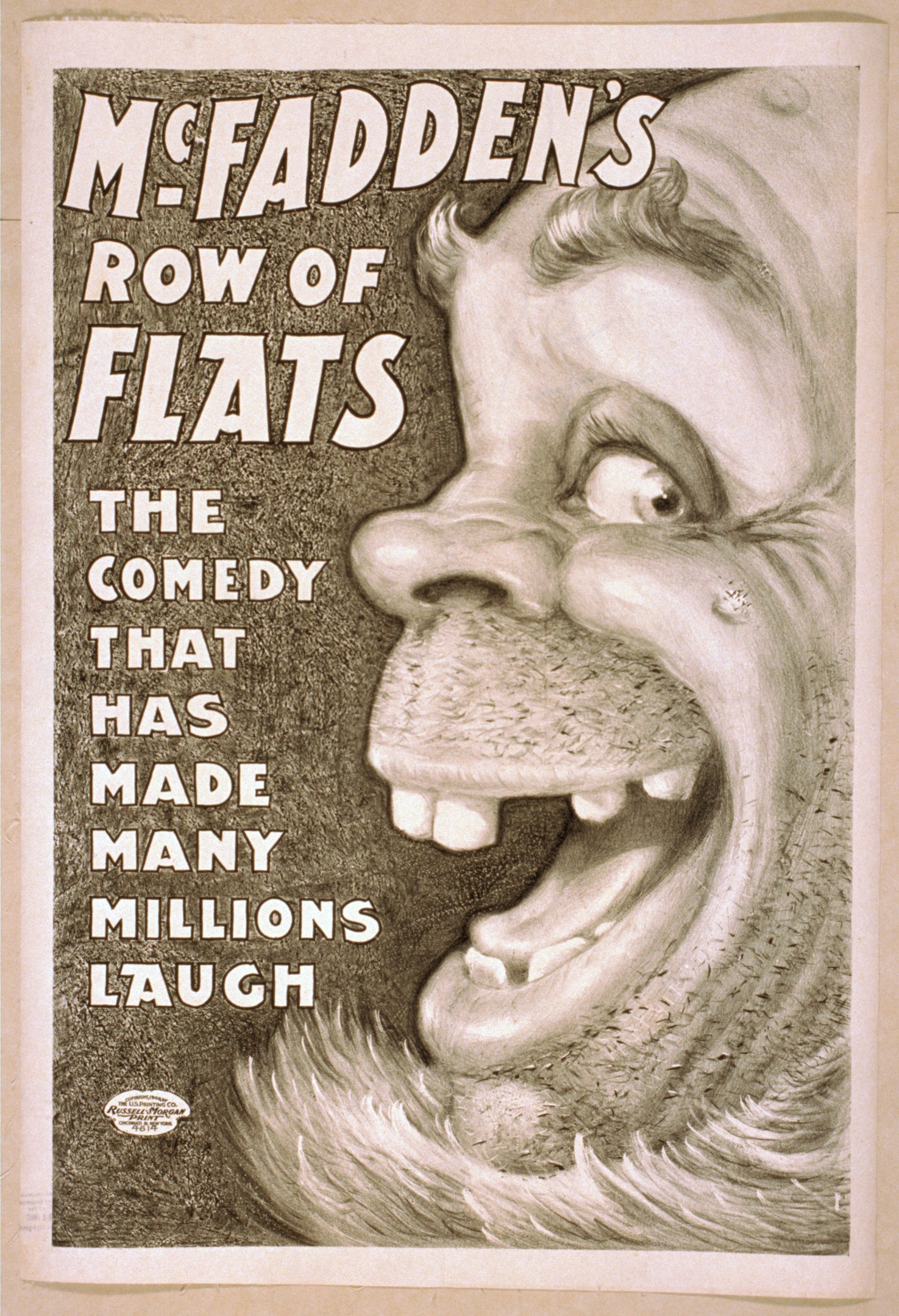 Plakat mit einem lachenden Menschen mit wilden Haaren vor einem gelben Hintergrund, das "McFadden's Row of Flats: The Comedy That Has Made Many Millions Laugh" bewirbt.