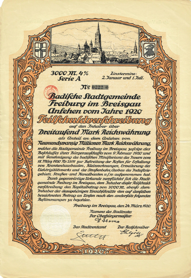 Altes deutsches Wertpapier mit einer Stadtansicht und Textangaben über seinen Ursprung.