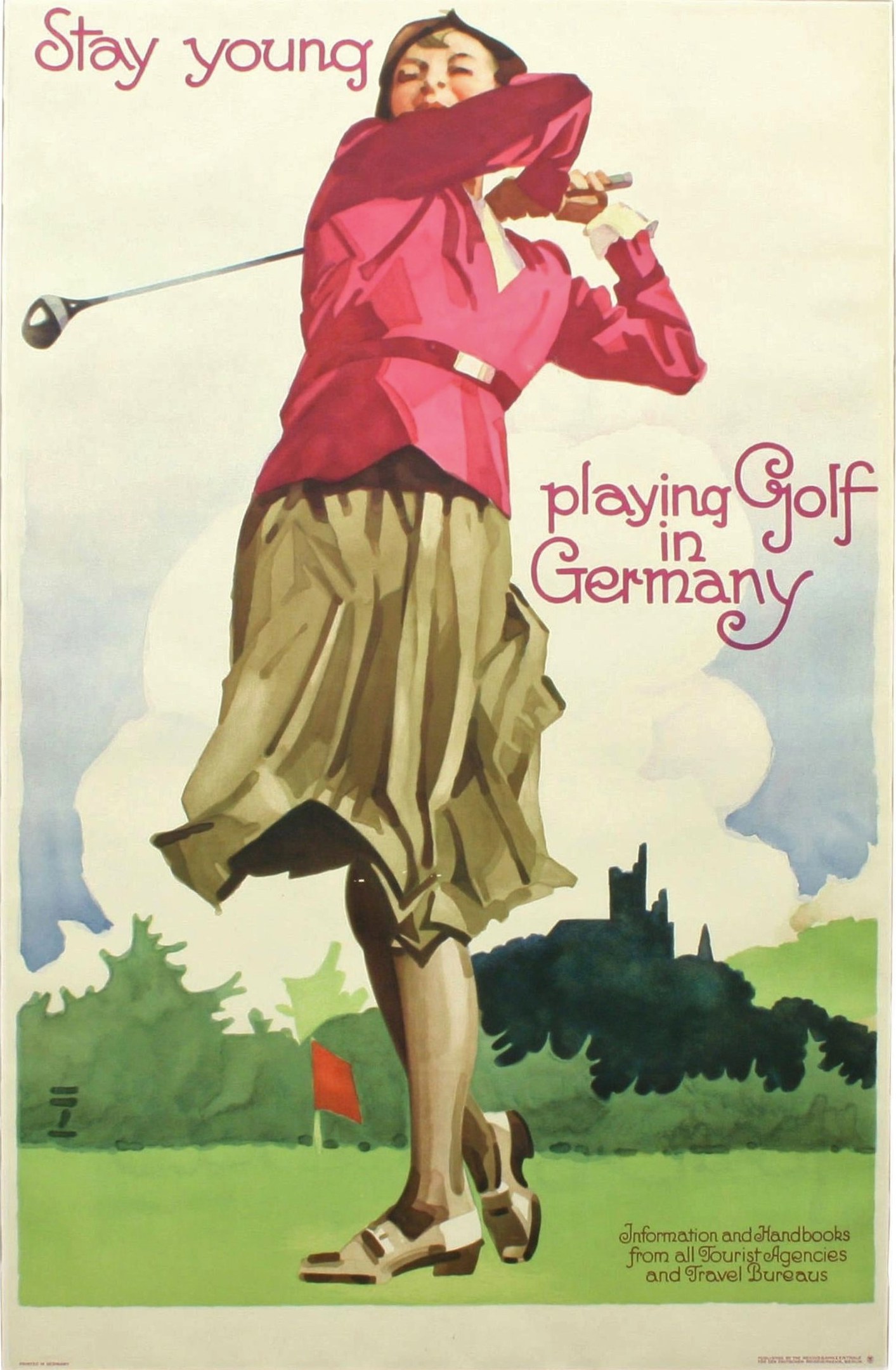 Ein Plakat einer Frau mit einem Golfschläger und einer Fahne sowie Bäumen im Hintergrund, mit Text über einen Golfplatz in Deutschland.
