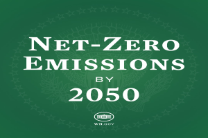 Grüner Hintergrund mit fetter weißer Schrift, die "netto-null-Emissionen bis 2050" lautet.