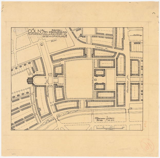 Alte Karte von Köln, Deutschland, zeigt einen detaillierten Aufbau eines Gebäudes und der umliegenden Stadt mit handgeschriebenen Textanmerkungen.