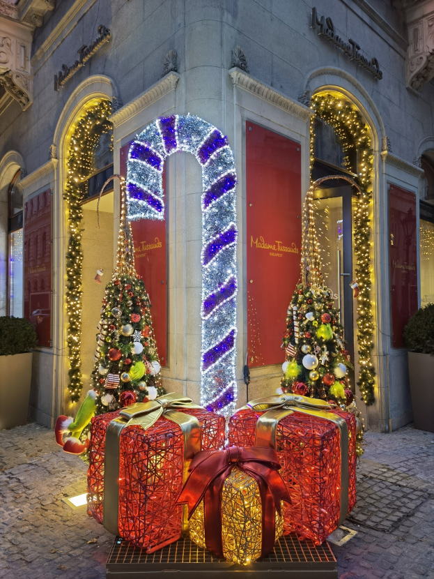 Ein festlicher Weihnachts-Schmuck vor einem Gebäude mit zwei geschmückten Tannenbäumen und Geschenkboxen auf dem Boden sowie Topfpflanzen.