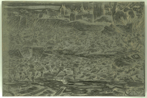 Schwarzes und weißes chaotisches Bild mit verstörten Menschen, die rennen, hohe Gebäude im Hintergrund, verstreute Gegenstände und Text unten.