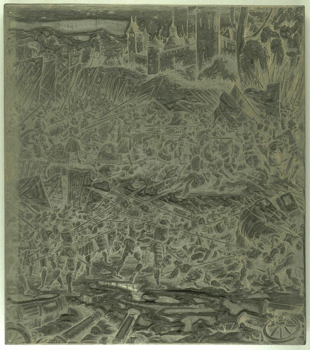 Schwarzes und weißes chaotisches Bild mit verstörten Menschen, die rennen, hohe Gebäude im Hintergrund, verstreute Gegenstände und Text unten.