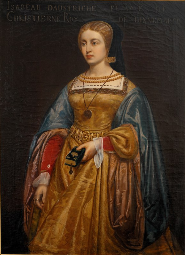 Gemälde von Isabella daustriche in einem goldenen Kleid mit feinen Details, ihr Haar zu einem Knoten gebunden, von Christierne Roy, das eine friedliche und würdevoll aussehende Frau zeigt.