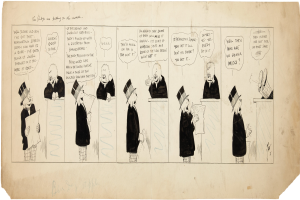 Eine Comicseite mit einem Mann in Zylinder und einer Frau in einem Kleid, die in eine Diskussion vertieft sind, wobei der Mann ein Blatt Papier mit Text hält.