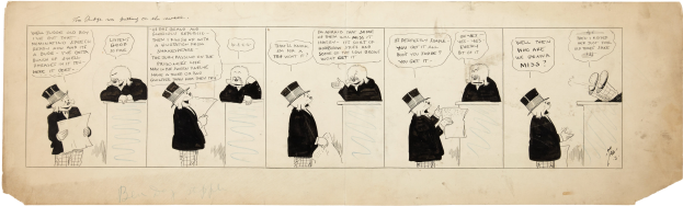 Eine Comicseite mit einem Mann in Zylinder und einer Frau in einem Kleid, die in eine Diskussion vertieft sind, wobei der Mann ein Blatt Papier mit Text hält.