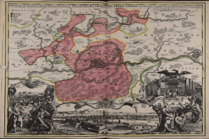 Ein altes Buch mit einer Deutschlandkarte in der Mitte, umgeben von Illustrationen und Text, die einen klassischen Stil vermitteln.