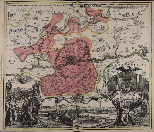 Ein altes Buch mit einer Deutschlandkarte in der Mitte, umgeben von Illustrationen und Text, die einen klassischen Stil vermitteln.