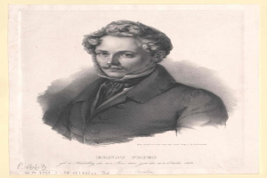 Schwarz-weiß-Porträt von Ernst Frühls, einem deutschen Komponisten und Pianisten, der einen Anzug trägt und einen Schnurrbart hat, mit ernster Miene, und deutscher Text unten.