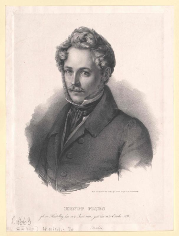 Schwarz-weiß-Porträt von Ernst Frühls, einem deutschen Komponisten und Pianisten, der einen Anzug trägt und einen Schnurrbart hat, mit ernster Miene, und deutscher Text unten.