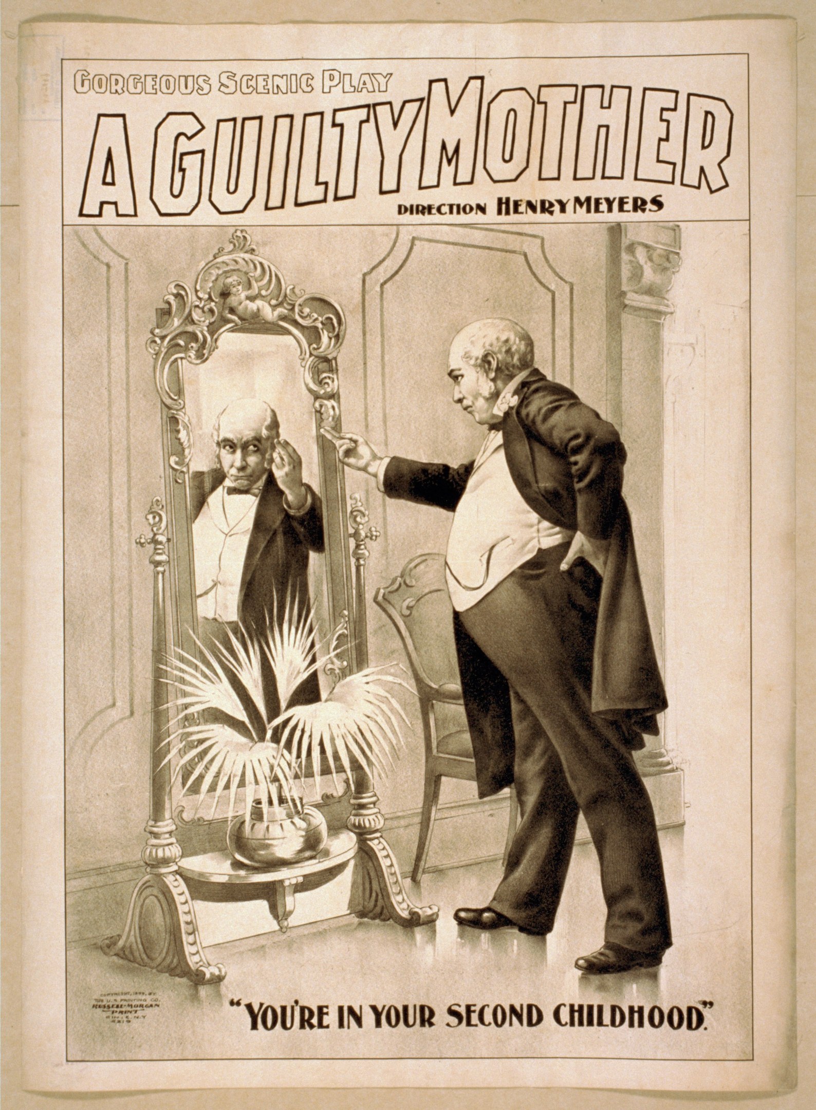 Ein Plakat, das einen Mann vor einem Spiegel mit einem Stuhl und einer Pflanze dahinter zeigt, mit der Aufschrift "Eine schuldige Mutter - Du bist in deiner zweiten Kindheit."