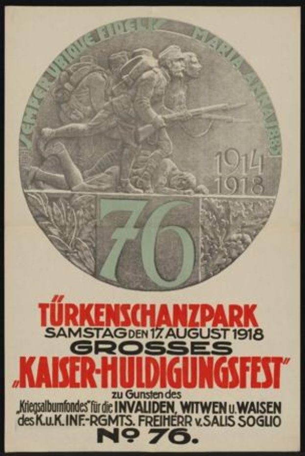 Plakat zum 70-jährigen Jubiläum des Kaiser-Huldigungsfestes in Berlin, Deutschland, mit einer Gruppe von Menschen in der Mitte, eingerahmt von Text und Zahlen.