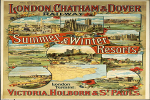 Plakat, das London, Chatham und Dover Railway Sommer- und Winterziele bewirbt, zeigt Bilder von Gebäuden, Bäumen, Blumen, eine Karte und beschreibenden Text.
