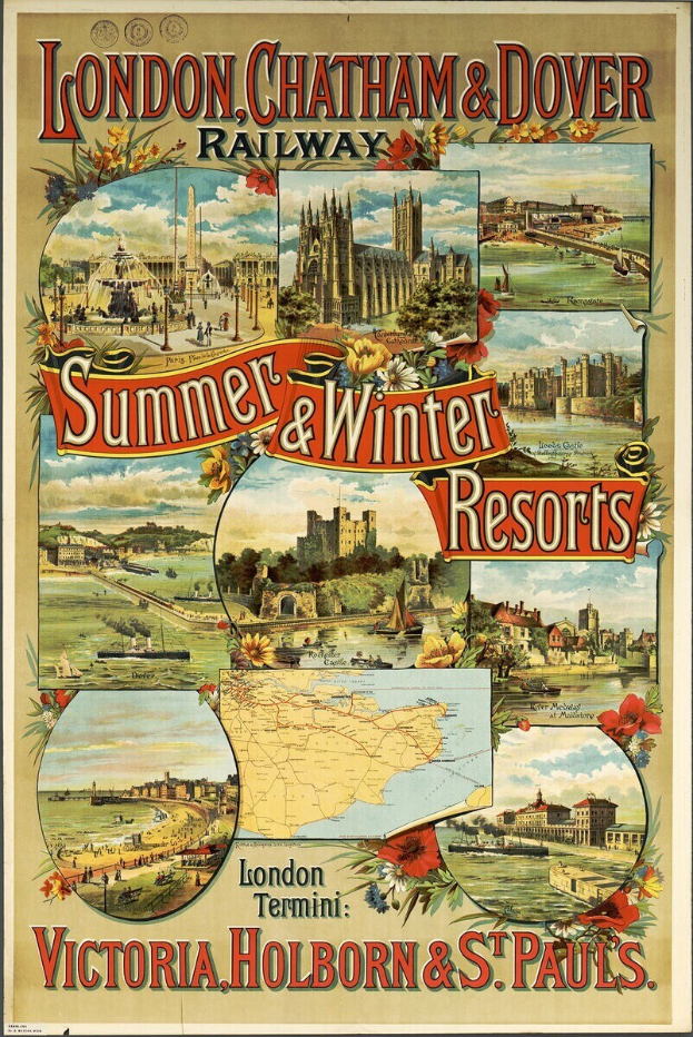Plakat, das London, Chatham und Dover Railway Sommer- und Winterziele bewirbt, zeigt Bilder von Gebäuden, Bäumen, Blumen, eine Karte und beschreibenden Text.