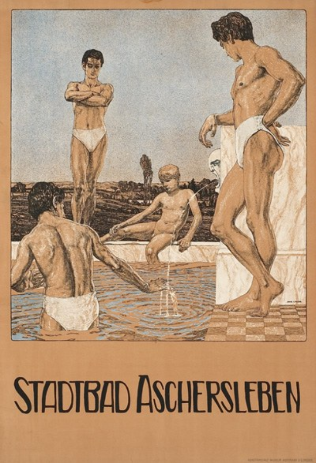 Plakat für ein Schwimmbad in Aschersleben, Deutschland, das Menschen im Wasser zeigt und Text über die Einrichtungen des Bades.