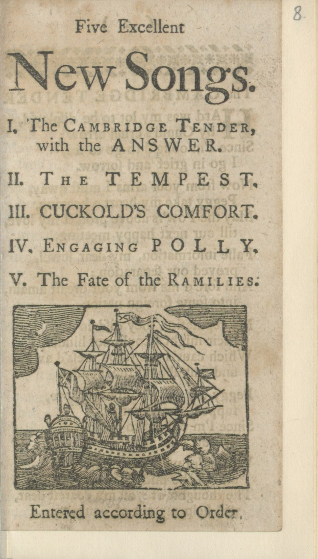 Altes Buchcover mit einem Schiff, das auf dem Wasser unter einem blauen Himmel segelt, mit der Überschrift "Fünf ausgezeichnete neue Lieder" darauf.