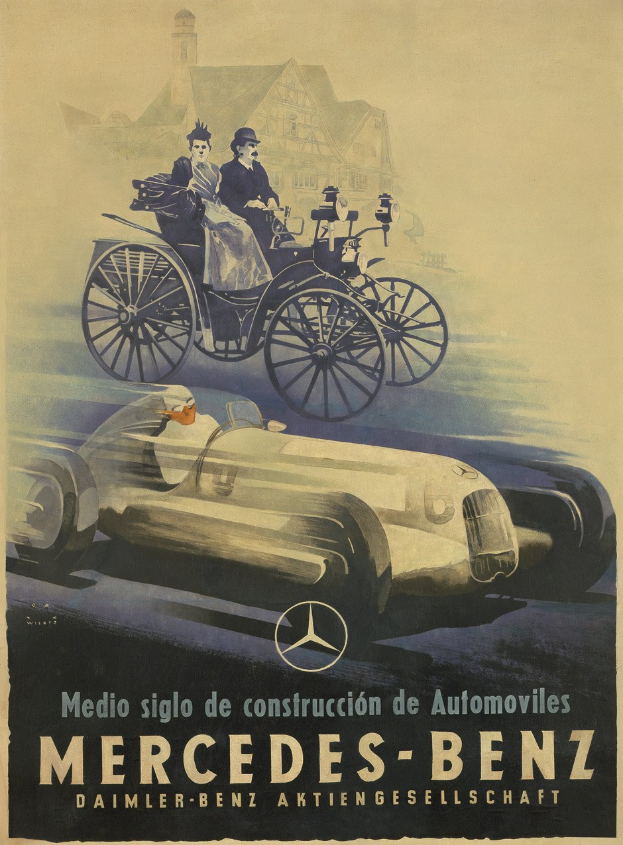 Vintage-Werbung für Mercedes-Benz aus den 1930er Jahren mit einem Plakat, das ein Auto, zwei Personen und ein Geb├Ąude im Hintergrund zeigt, sowie beschreibenden Text.