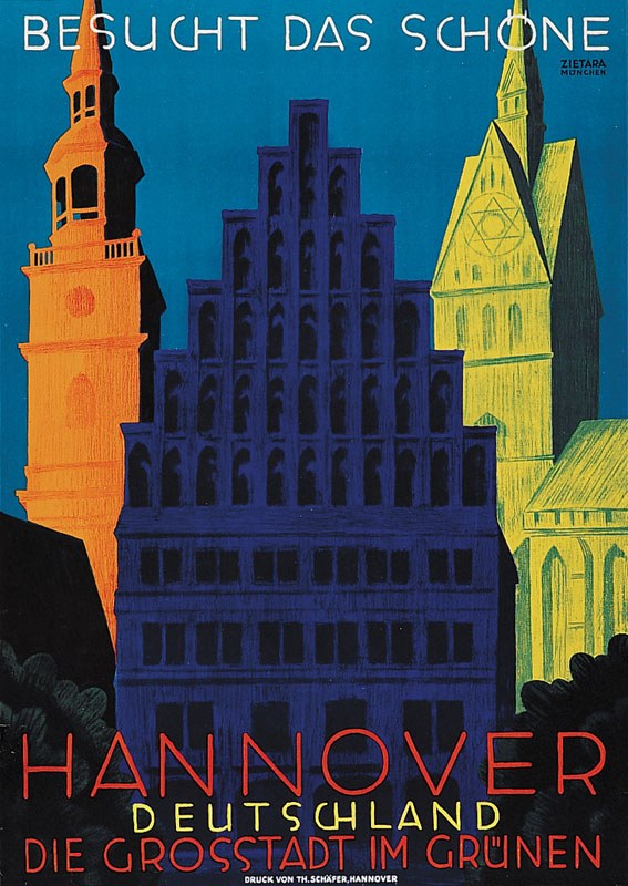 Plakat, das Hannover, Deutschland, mit einigen Gebäuden und Bäumen sowie Texten zur Stadtinformation anpreist.
