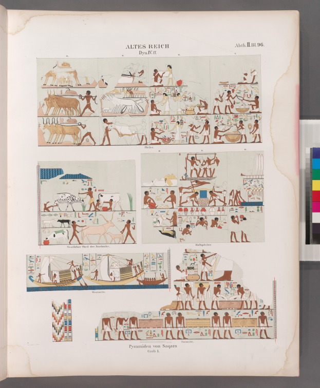 Ein offenes Buch mit ägyptischen Hieroglyphen, Bildern und Texten über die altägyptische Kultur.