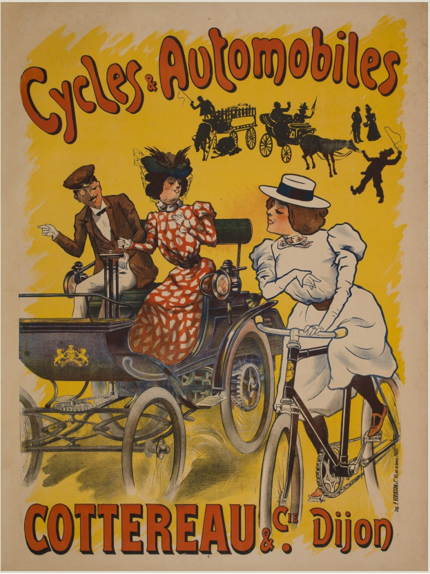 Plakat für Fahrräder und Automobile in Cottereau und Dijon, Frankreich, zeigt Menschen auf Fahrrädern und eine Kutsche mit "Fahrräder und Automobile" oben.