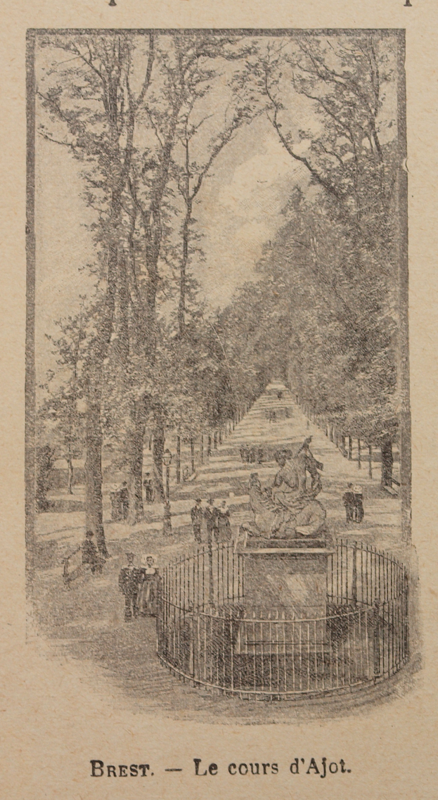 Ein altes Buch mit einer Zeichnung eines Parks mit hohen, grünen Bäumen, die Schatten spenden, Menschen, die einen Weg entlanggehen, und einem Zaun, mit Text, der die Geschichte und Kultur des Parks beschreibt.