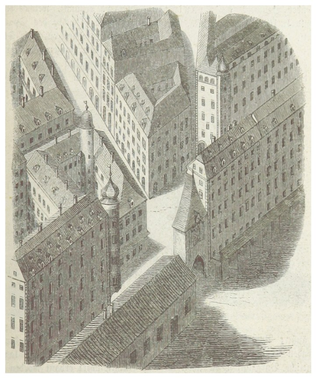 Ein altes Stadtbild mit verschiedenen architektonischen Gebäuden und Text unten.