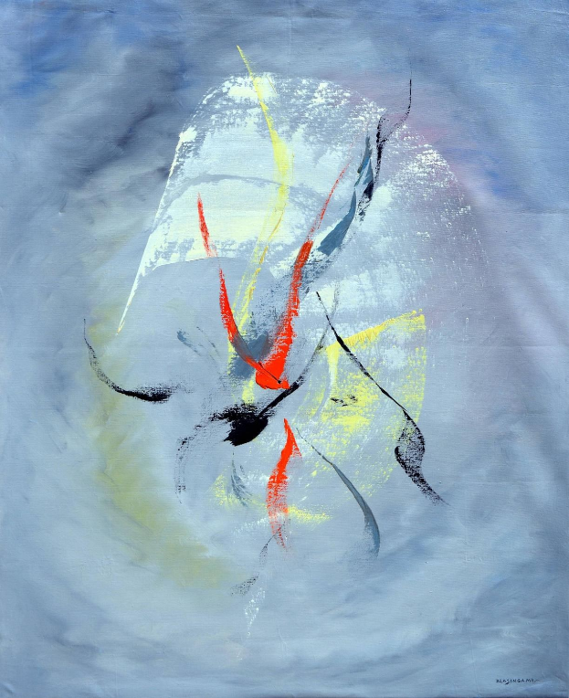 Abstrakte Malerei mit blauem Hintergrund, roten und gelben Akzenten, geschaffen mit Acryl auf Leinwand in Grautönen.