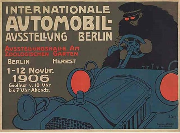 Ein Plakat, das eine internationale Automesse in Berlin ankündigt und eine Karikatur einer Person zeigt, die ein Auto fährt, sowie Text.